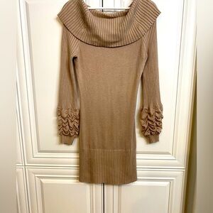 Marciano by Guess Size Medium Tan Sweater Dress Long Sleeves Cowl Neck Ribbing